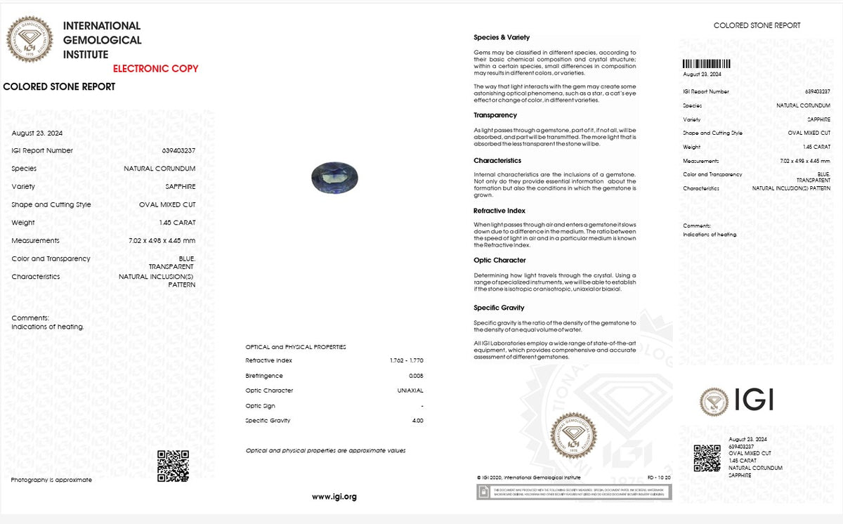 IGI Certified Natural Blue Sapphire | 1.45 Carat Oval Mixed Cut | Heated Gemstone-Saleh Sallom