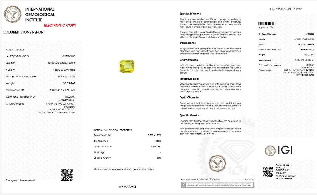 IGI Certified Natural Yellow Sapphire | 1.13 Carat Emerald Cut | Unheated Gemstone-Saleh Sallom