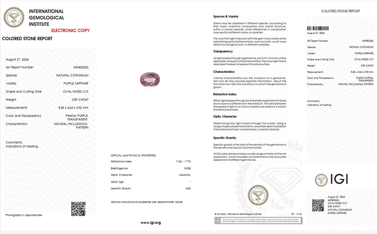 IGI Certified Natural Purple Sapphire | 0.59 Carat Oval Cut | Heated Pinkish Purple Gemstone-Saleh Sallom