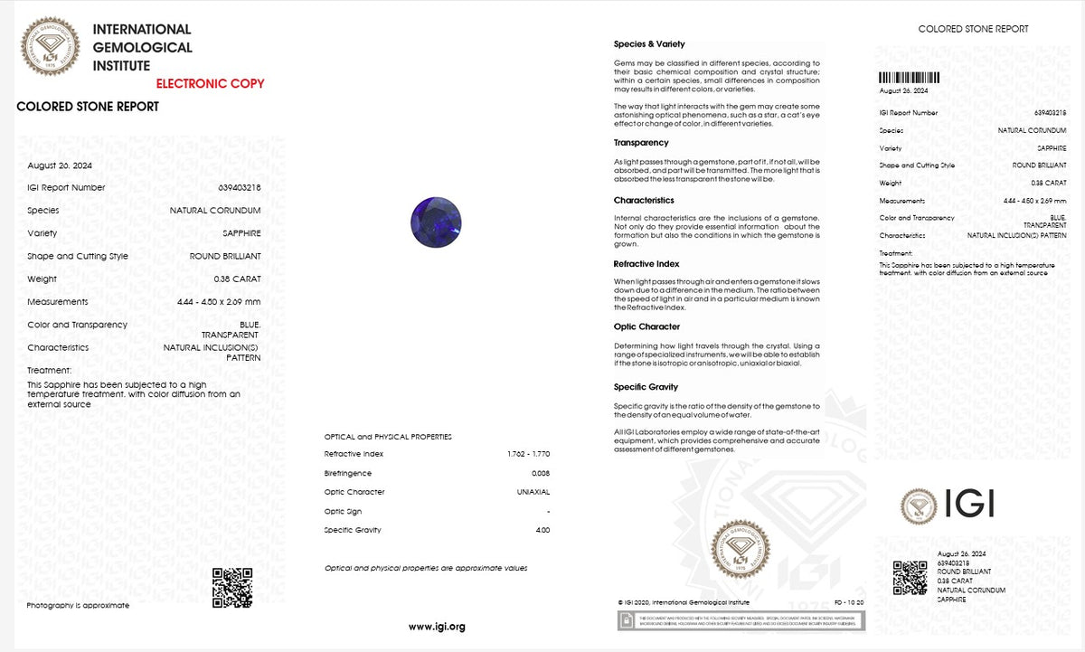 IGI Certified Natural Blue Sapphire | 0.38 Carat Round Brilliant Cut | Diffusion Treated Gemstone-Saleh Sallom