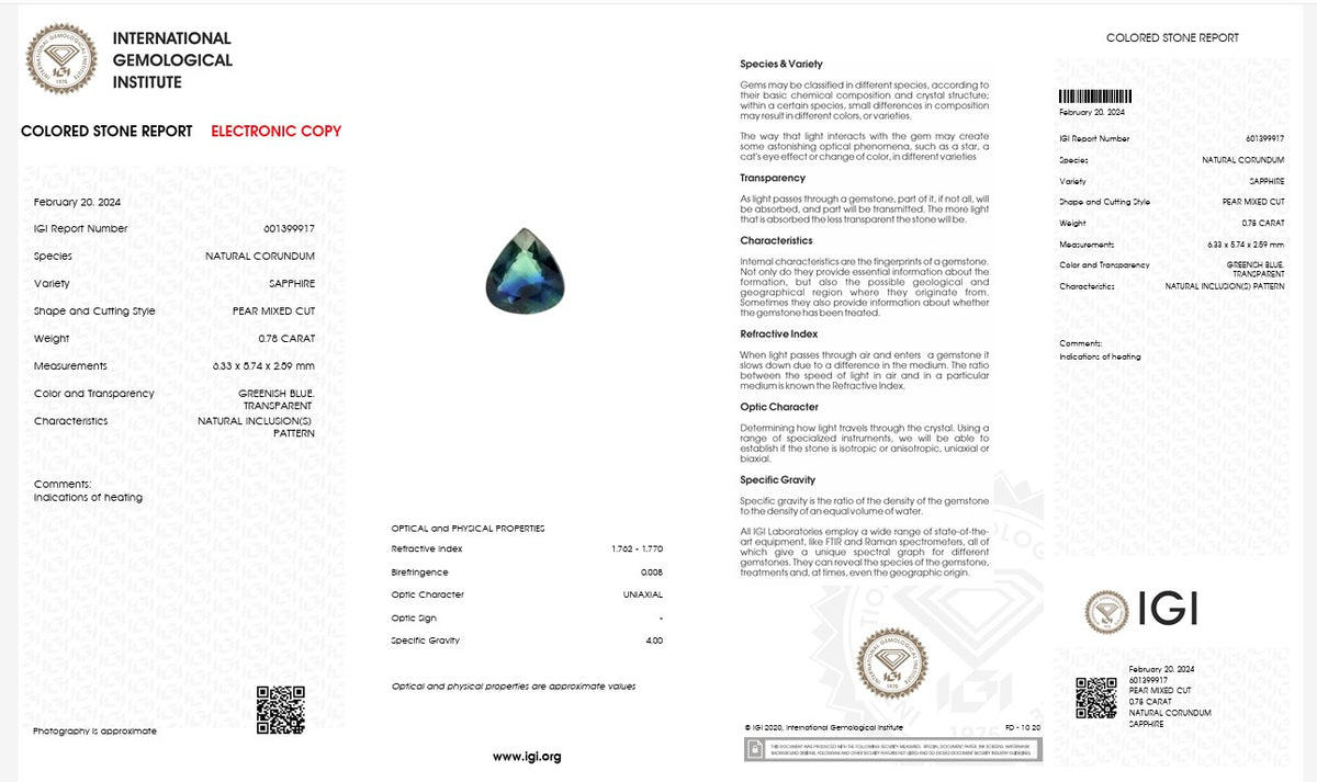 IGI Certified Natural Greenish Blue Sapphire | 0.78 Carat Pear Mixed Cut | Heated Gemstone-Saleh Sallom