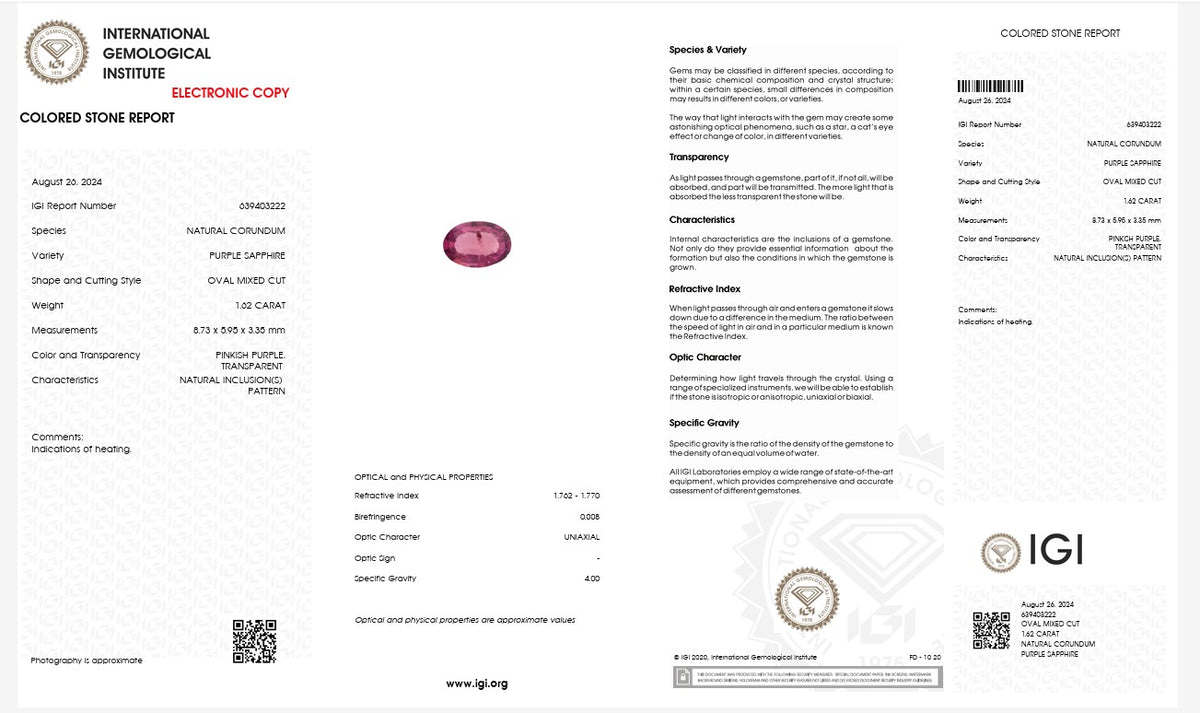 IGI Certified Natural Purple Sapphire | 1.02 Carat Oval Mixed Cut | Pinkish Purple Heated Gemstone-Saleh Sallom