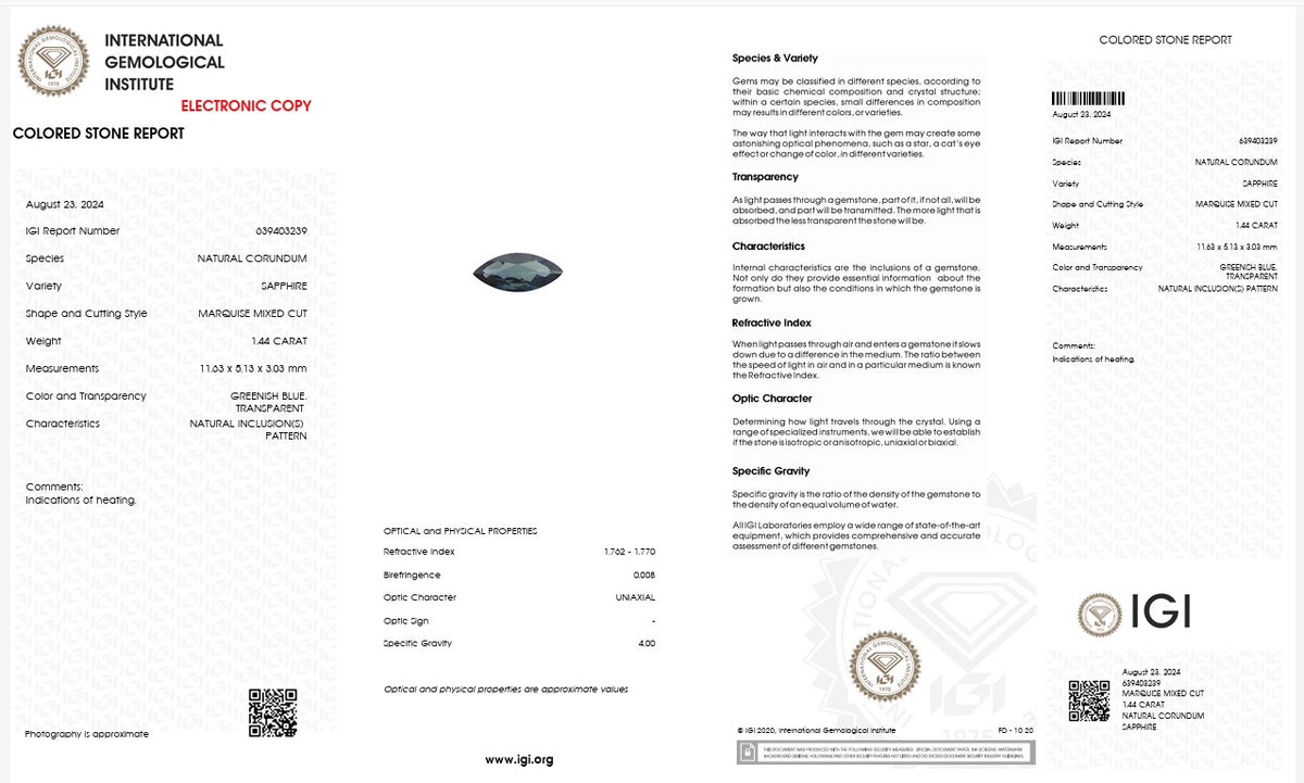 IGI Certified Natural Greenish Blue Sapphire | 1.44 Carat Marquise Mixed Cut | Heated Gemstone-Saleh Sallom