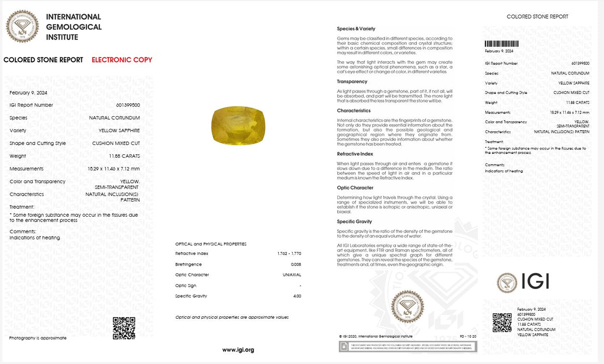 IGI Certified Natural Yellow Sapphire | 11.88 Carats Cushion Mixed Cut | Heated Gemstone-Saleh Sallom