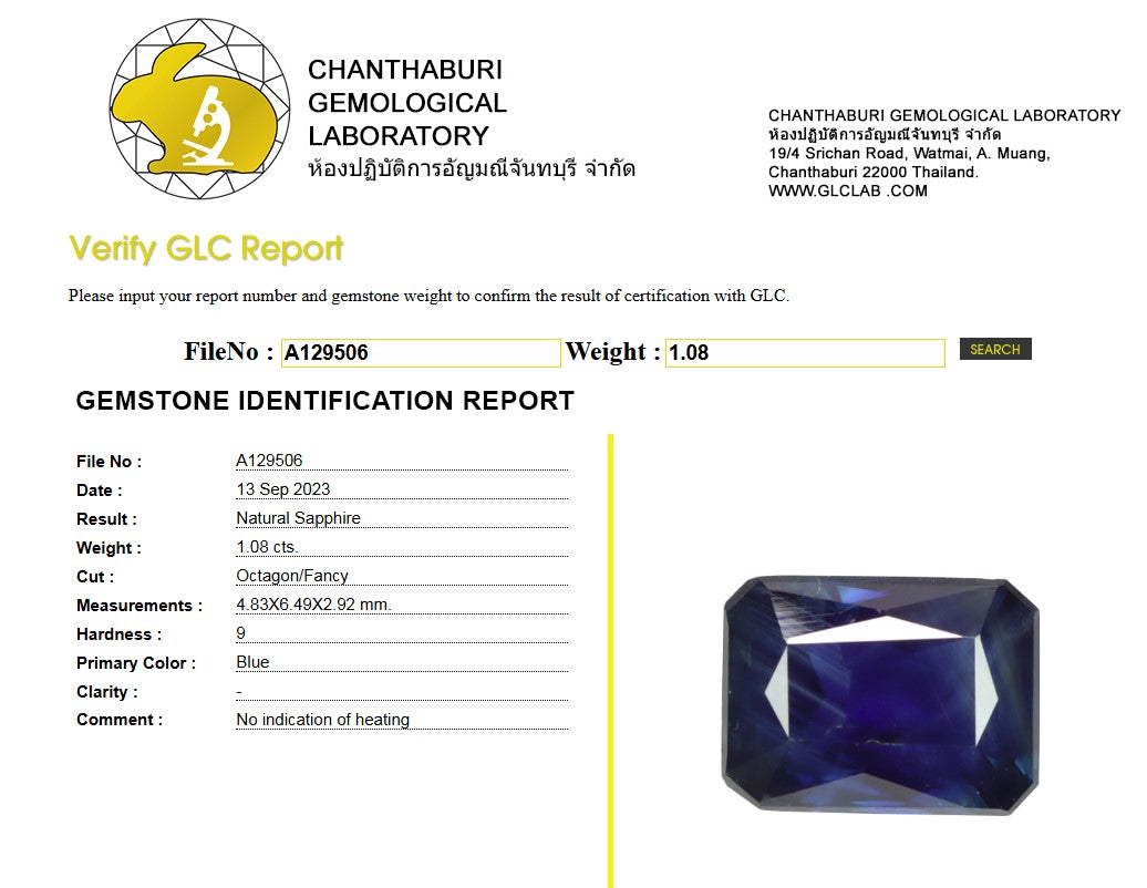 GLC Certified Natural Blue Sapphire | 1.08 Carats Octagon Fancy Cut | No Indication of Heating-Saleh Sallom
