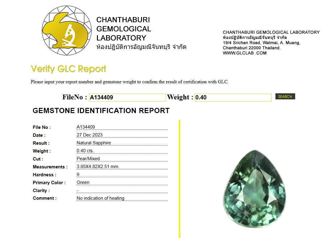 GLC Certified Natural Green Sapphire | 0.40 Carat Pear Mixed Cut | No Indication of Heating-Saleh Sallom