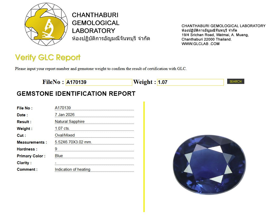 GLC Certified Natural Blue Sapphire | 1.07 Carats Oval Mixed Cut | Heated-Saleh Sallom