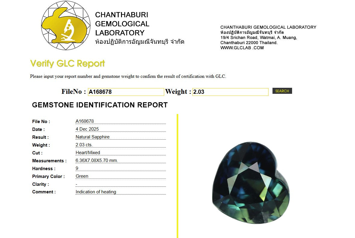 GLC Certified Natural Green Sapphire | 2.03 Carats Heart Mixed Cut | Heated-Saleh Sallom