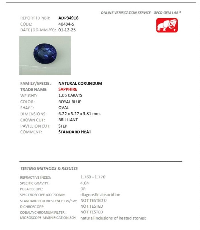 GFCO Gem Lab Certified Natural Royal Blue Sapphire | 1.05 Carats Oval Cut | Standard Heat-Saleh Sallom