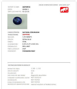 GFCO Gem Lab Certified Natural Royal Blue Sapphire | 1.05 Carats Oval Cut | Standard Heat-Saleh Sallom