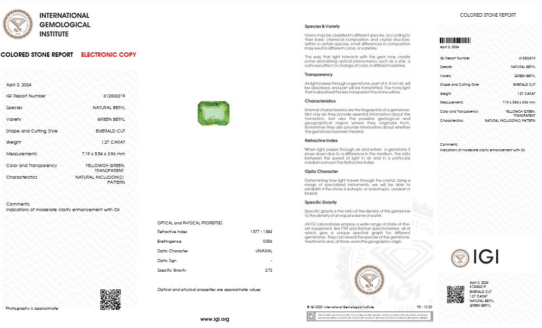 IGI Certified Natural Green Beryl | 1.27 Carat Emerald Cut | Moderate Oil Enhancement-Saleh Sallom