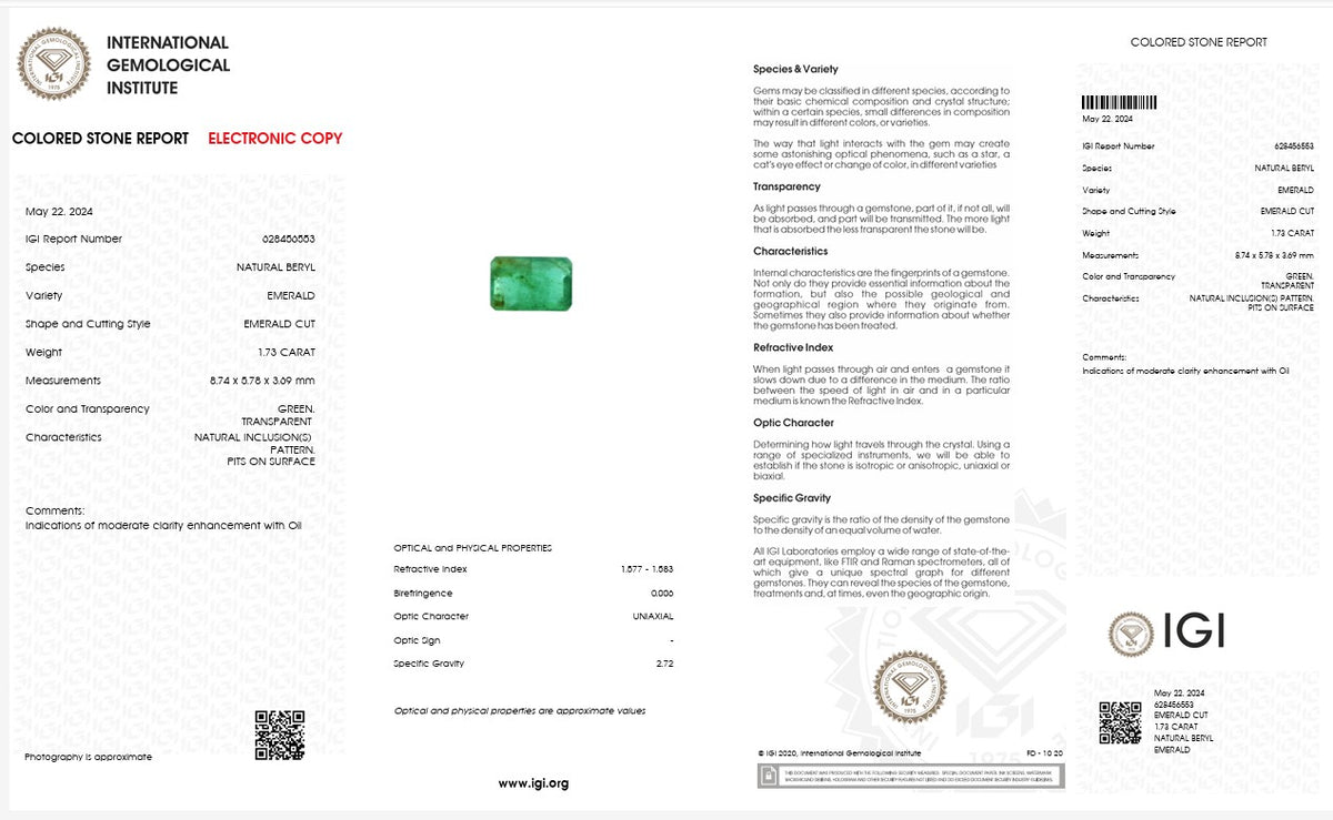 IGI Certified Natural Emerald | 1.73 Carat Emerald Cut | Luxury Gemstone-Saleh Sallom