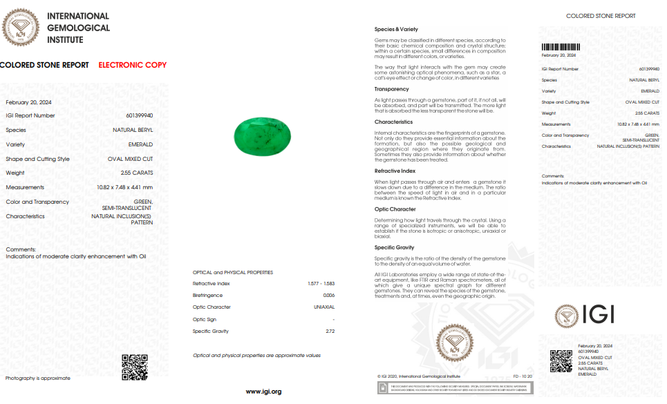 IGI Certified Natural Emerald | 2.55 Carats Oval Mixed Cut | Moderate Oil Enhancement-Saleh Sallom