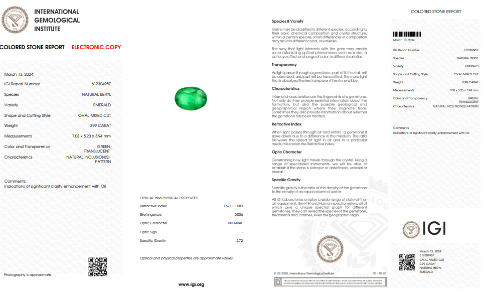 IGI Certified Natural Emerald | 0.99 Carat Oval Mixed Cut | Significant Oil Enhancement-Saleh Sallom
