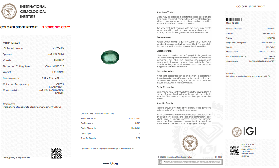 IGI Certified Natural Emerald | 1.83 Carats Oval Mixed Cut | Moderate Oil Enhancement-Saleh Sallom