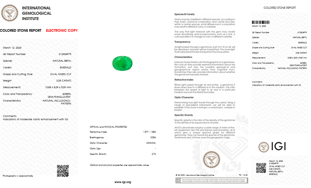 IGI Certified Natural Emerald | 3.28 Carats Oval Mixed Cut | Moderate Oil Enhancement-Saleh Sallom