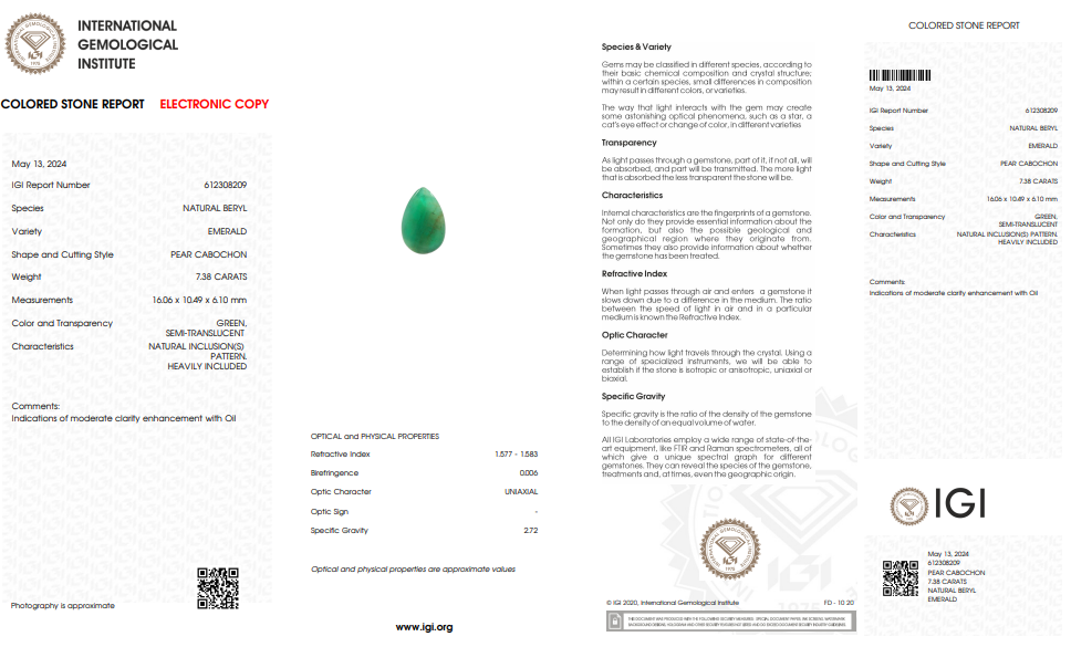 IGI Certified Natural Emerald | 7.38 Carats Pear Cabochon | Moderate Oil Enhancement-Saleh Sallom