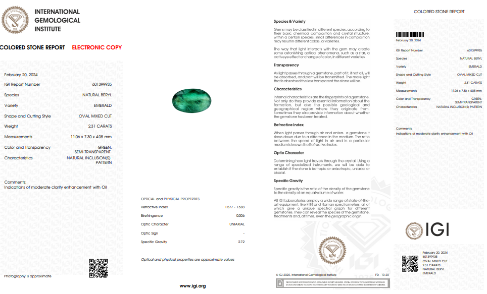 IGI Certified Natural Emerald | 2.31 Carats Oval Cut | Moderate Oil Enhancement-Saleh Sallom