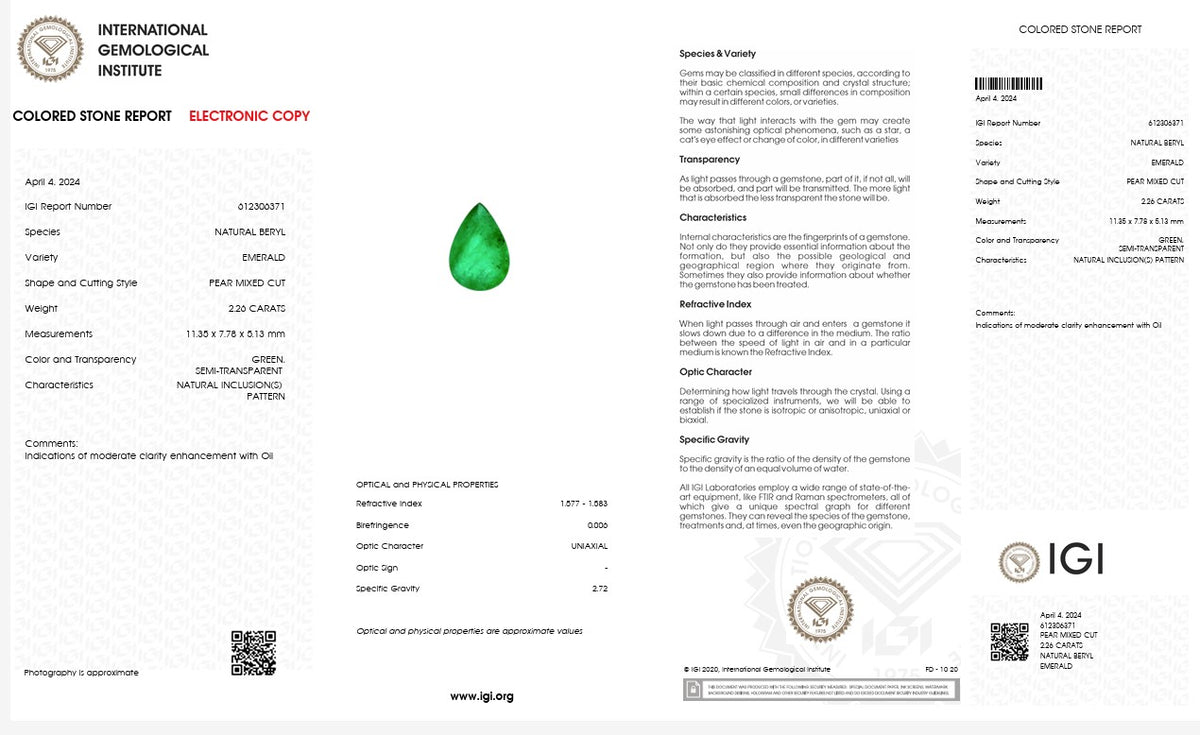 IGI Certified Natural Emerald | 2.26 Carat Pear Mixed Cut | Luxury Gemstone-Saleh Sallom