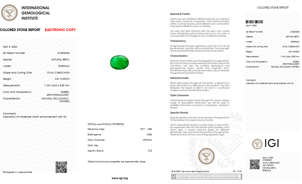 IGI Certified Natural Emerald | 3.87 Carats Oval Cabochon | Moderate Oil Enhancement-Saleh Sallom