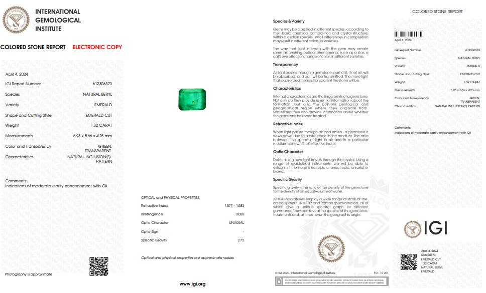 IGI Certified Natural Emerald | 1.32 Carat Emerald Cut | Luxury Gemstone-Saleh Sallom