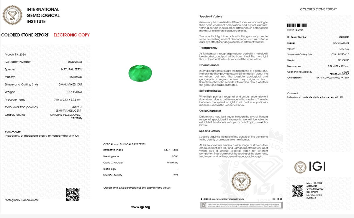 IGI Certified Natural Emerald | 0.87 Carat Oval Mixed Cut | Luxury Gemstone-Saleh Sallom