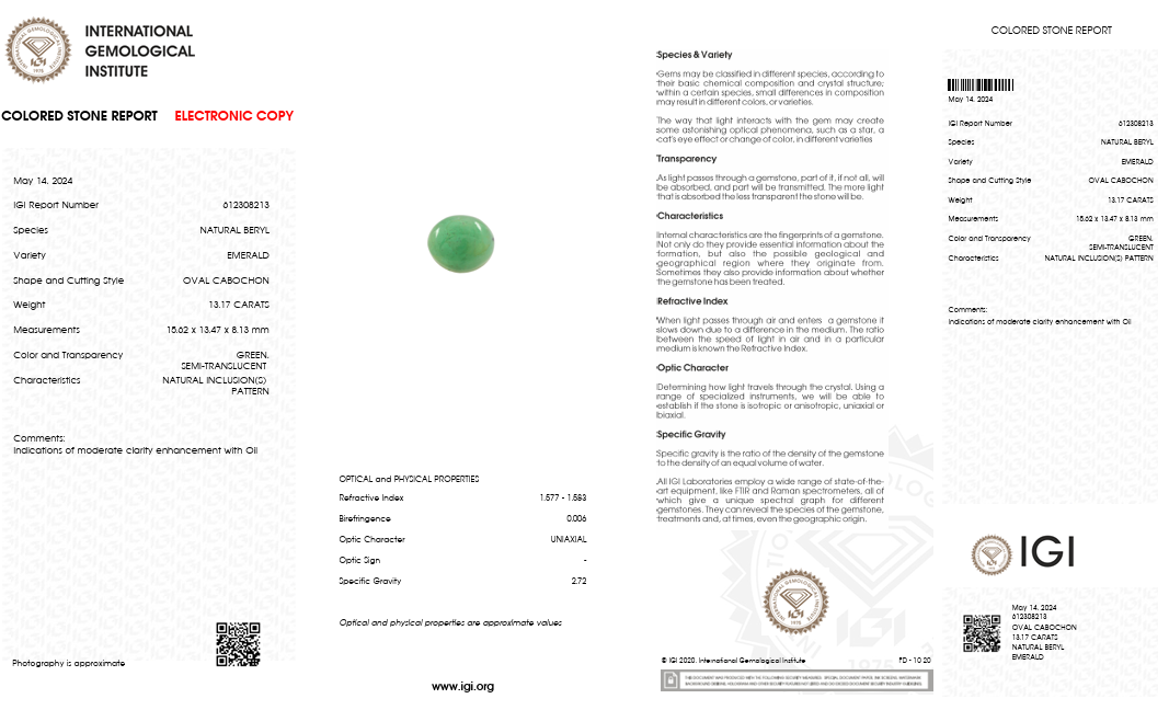 IGI Certified Natural Emerald | 13.17 Carat Oval Cabochon | Luxury Gemstone-Saleh Sallom