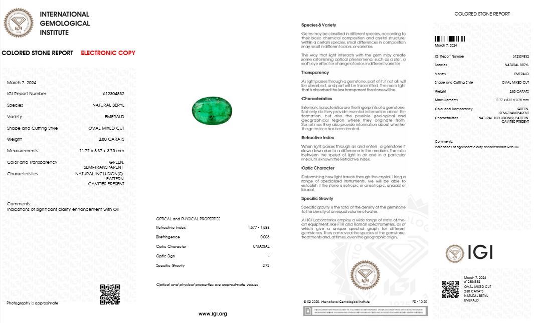 IGI Certified Natural Emerald | 2.80 Carat Oval Mixed Cut | Luxury Gemstone-Saleh Sallom