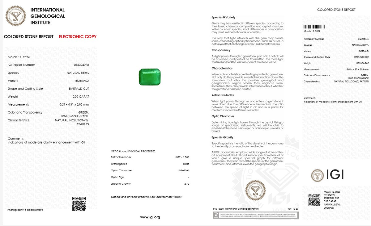 IGI Certified Natural Emerald | 0.55 Carat Emerald Cut | Luxury Gemstone-Saleh Sallom