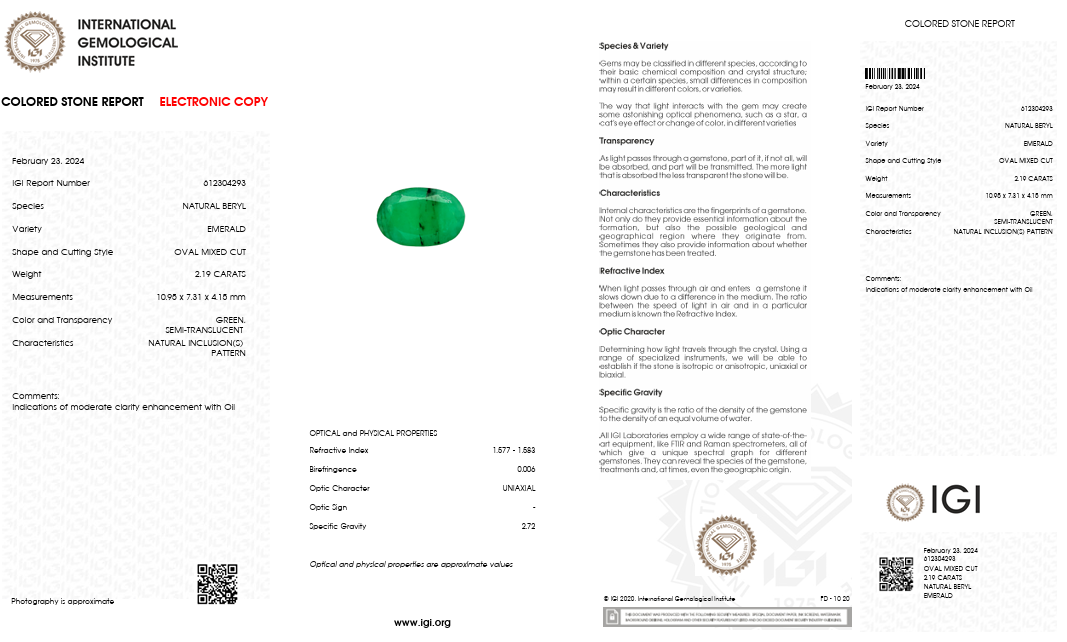 IGI Certified Natural Emerald | 2.19 Carats Oval Cut | Moderate Oil Enhancement-Saleh Sallom