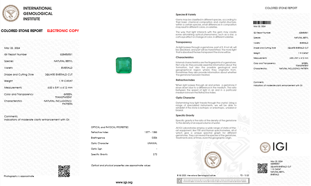 IGI Certified Natural Emerald | 1.10 Carat Square Emerald Cut | Luxury Gemstone-Saleh Sallom