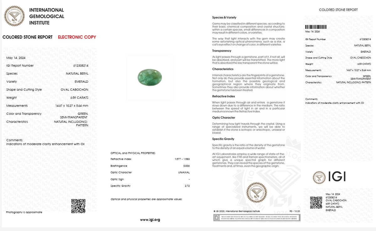 IGI Certified Natural Emerald | 6.59 Carat Oval Cabochon | Luxury Gemstone-Saleh Sallom
