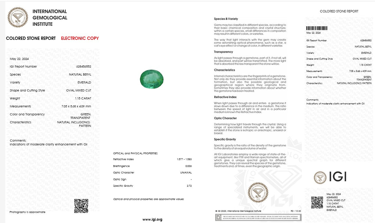 IGI Certified Natural Emerald | 1.15 Carats Oval Mixed Cut | Luxury Green Gemstone-Saleh Sallom