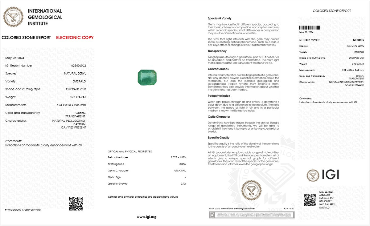 IGI Certified Natural Emerald | 0.73 Carat Emerald Cut | Luxury Green Gemstone-Saleh Sallom