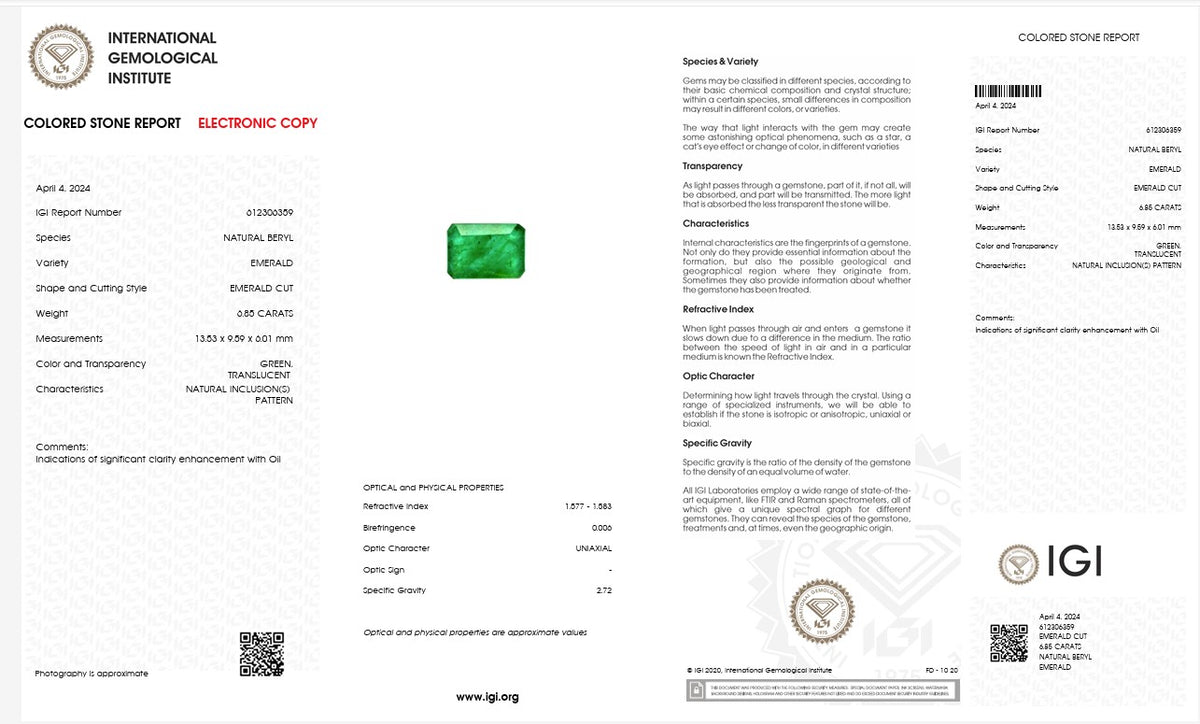 IGI Certified Natural Emerald | 6.85 Carats Emerald Cut | Significant Oil Enhancement-Saleh Sallom
