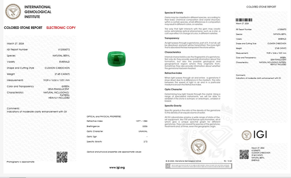 IGI Certified Natural Emerald | 27.45 Carats Cushion Cabochon | Luxury Collector Gemstone-Saleh Sallom