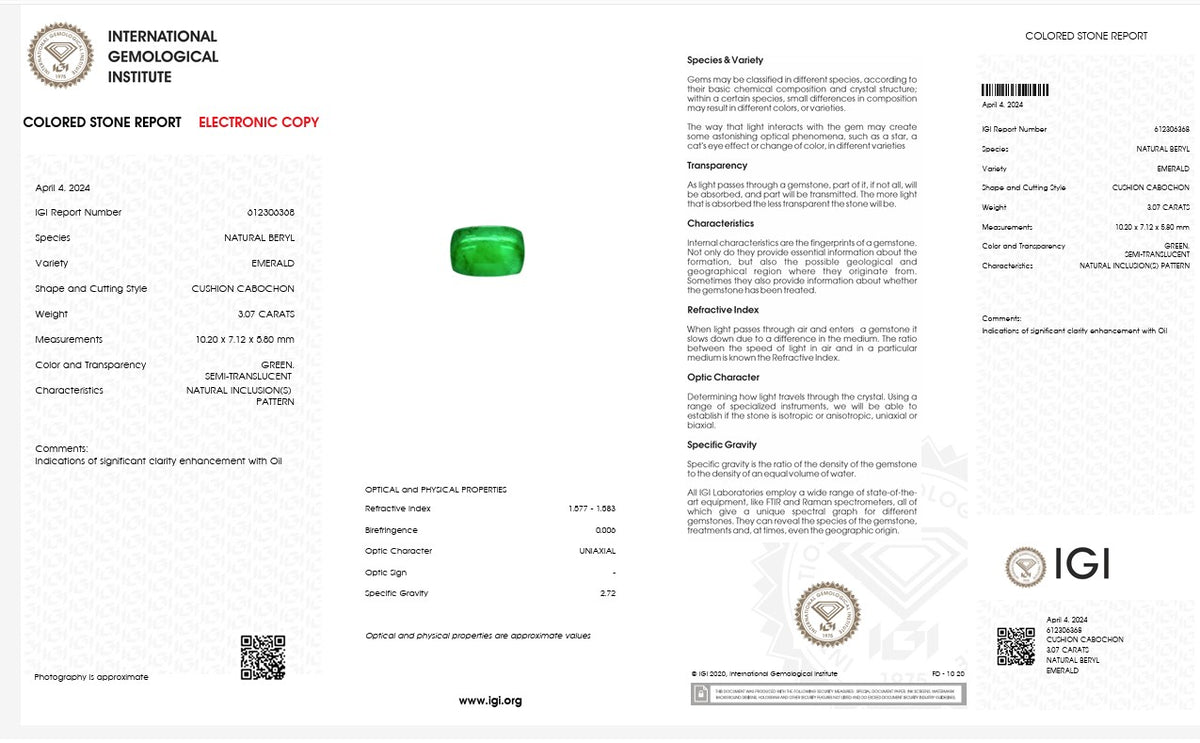 IGI Certified Natural Emerald | 3.07 Carats Cushion Cabochon | Luxury Gemstone-Saleh Sallom