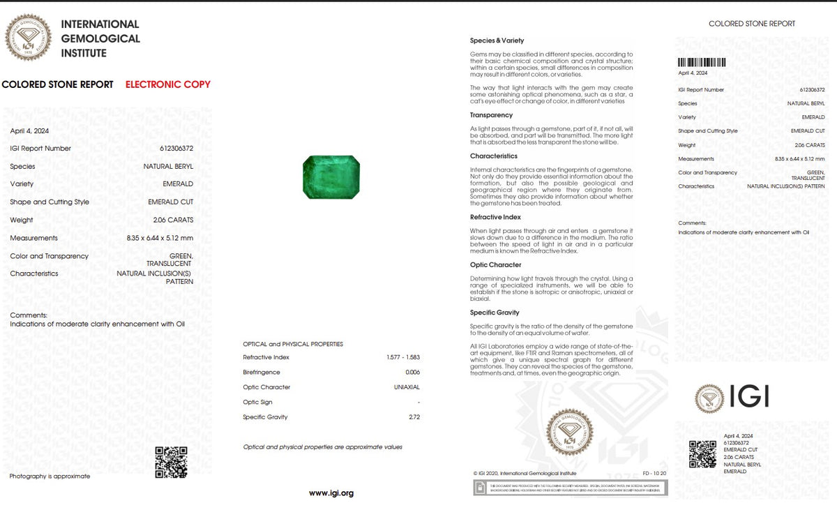 IGI Certified Natural Emerald | 2.06 Carats Emerald Cut | Luxury Gemstone-Saleh Sallom