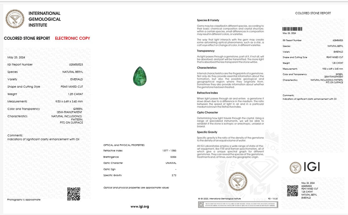 IGI Certified Natural Emerald | 1.25 Carat Pear Mixed Cut | Luxury Gemstone-Saleh Sallom