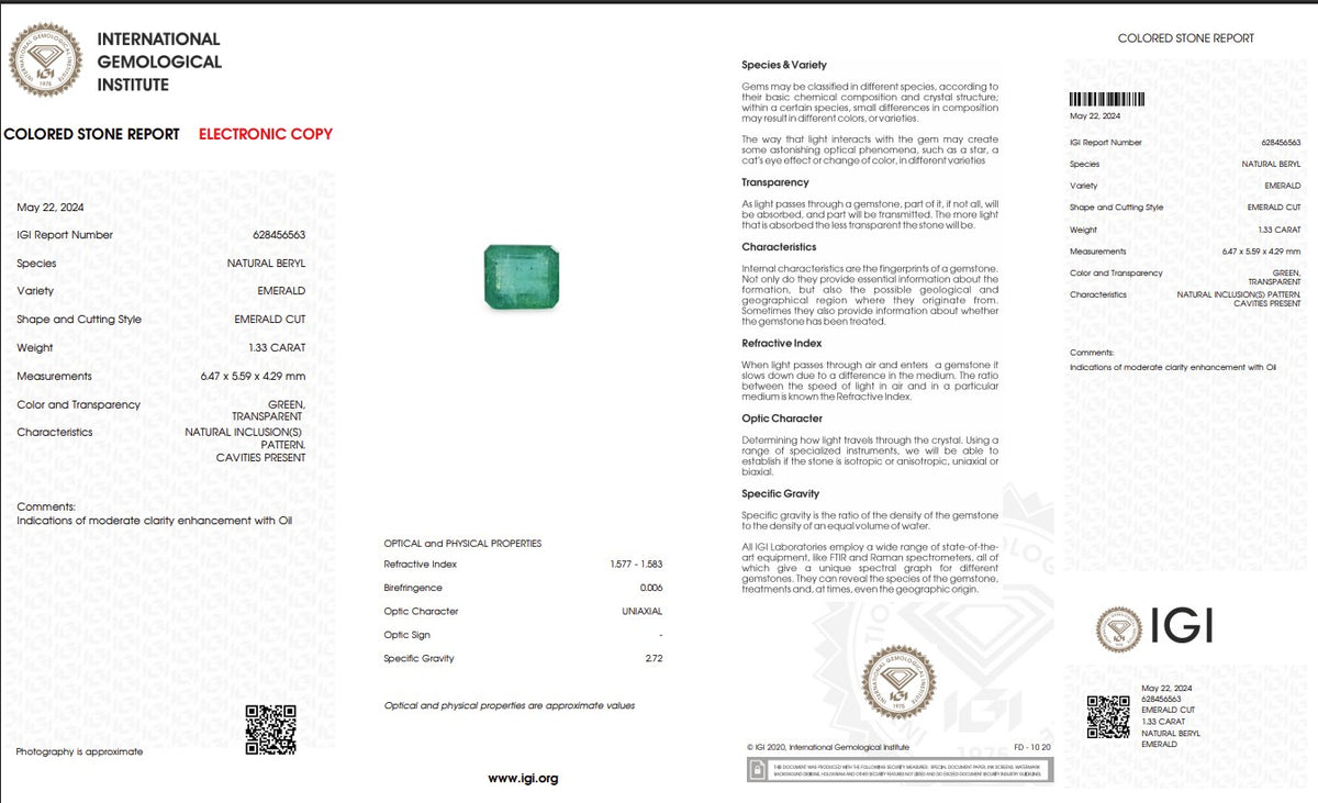 IGI Certified Natural Emerald | 1.33 Carats Emerald Cut | Luxury Gemstone-Saleh Sallom
