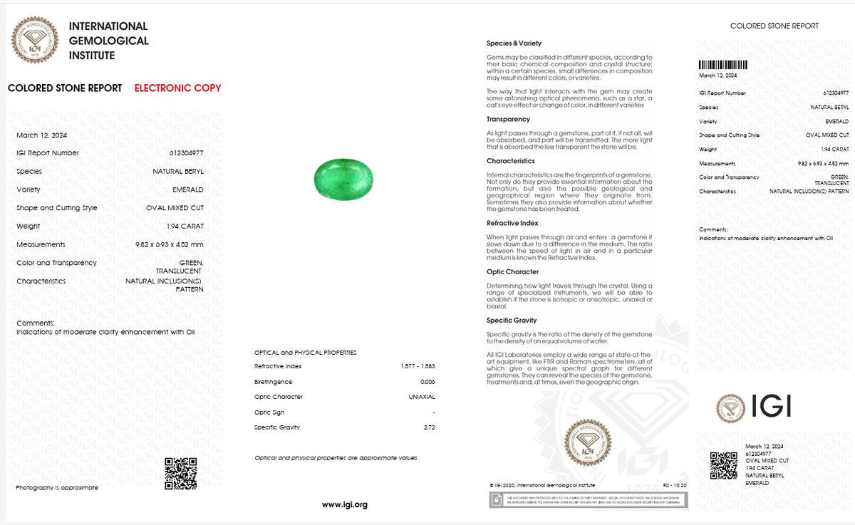IGI Certified Natural Emerald | 1.94 Carats Oval Mixed Cut | Luxury Gemstone-Saleh Sallom
