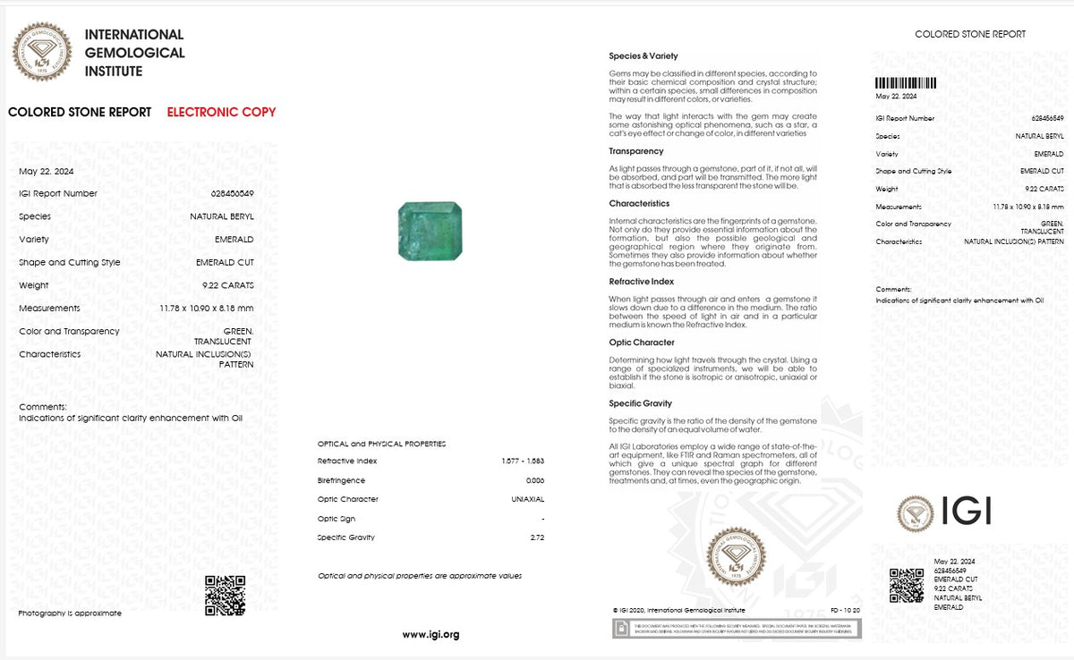 IGI Certified Natural Emerald | 9.22 Carats Emerald Cut | Luxury Collector Gemstone-Saleh Sallom
