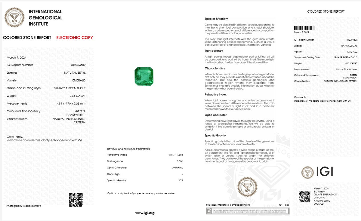 IGI Certified Natural Emerald | 0.63 Carat Square Emerald Cut | Luxury Gemstone-Saleh Sallom