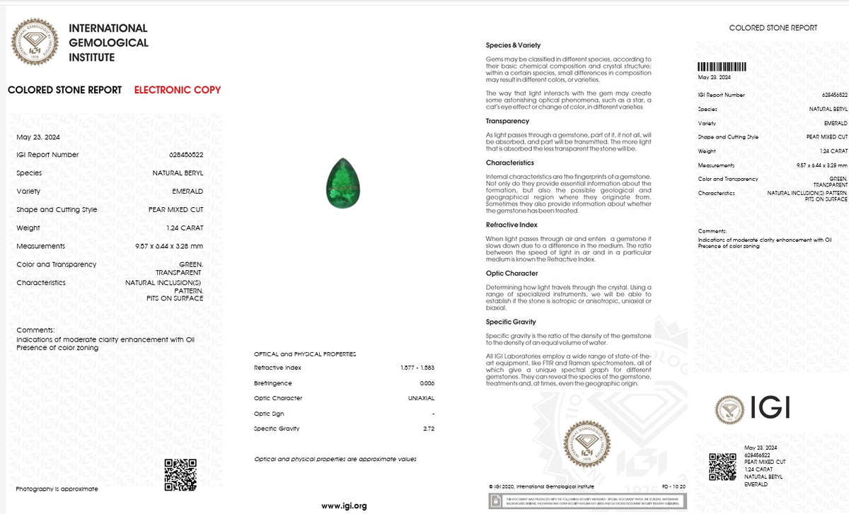 IGI Certified Natural Emerald | 1.24 Carat Pear Mixed Cut | Luxury Gemstone-Saleh Sallom
