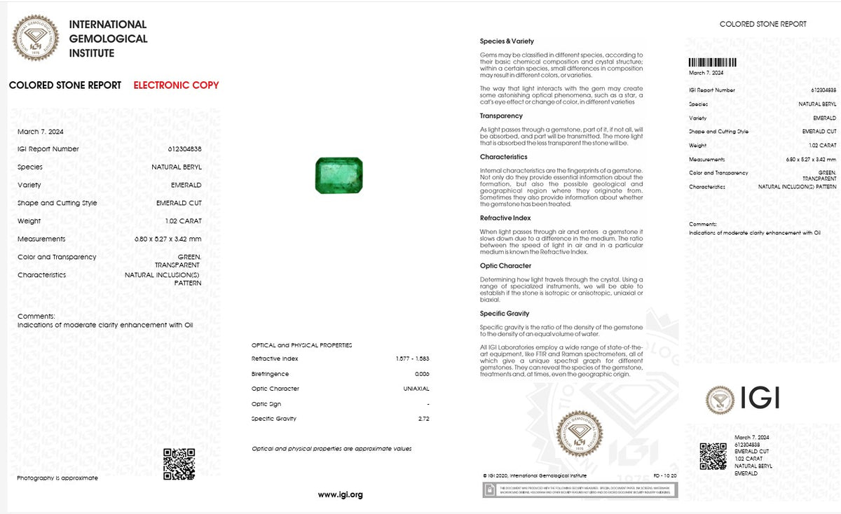 IGI Certified Natural Emerald | 1.02 Carat Emerald Cut | Luxury Gemstone-Saleh Sallom