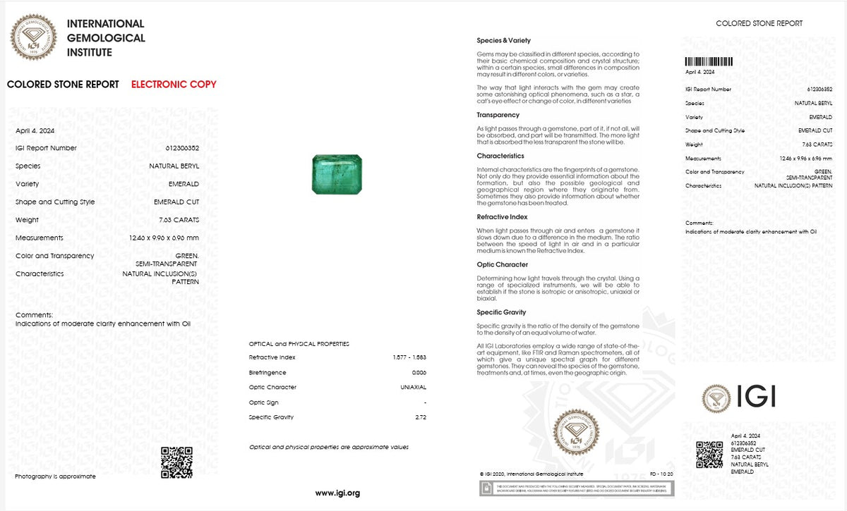 IGI Certified Natural Emerald | 7.63 Carats Emerald Cut | Luxury Collector Gemstone-Saleh Sallom