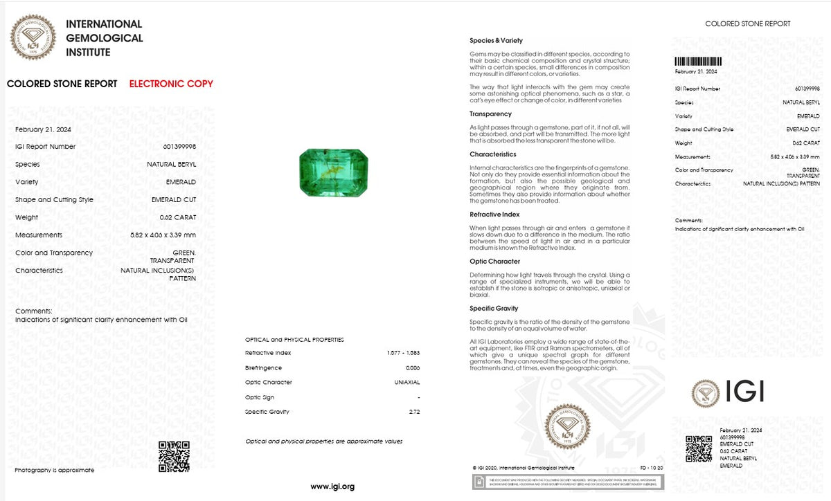 IGI Certified Natural Emerald | 0.62 Carat Emerald Cut | Luxury Gemstone-Saleh Sallom