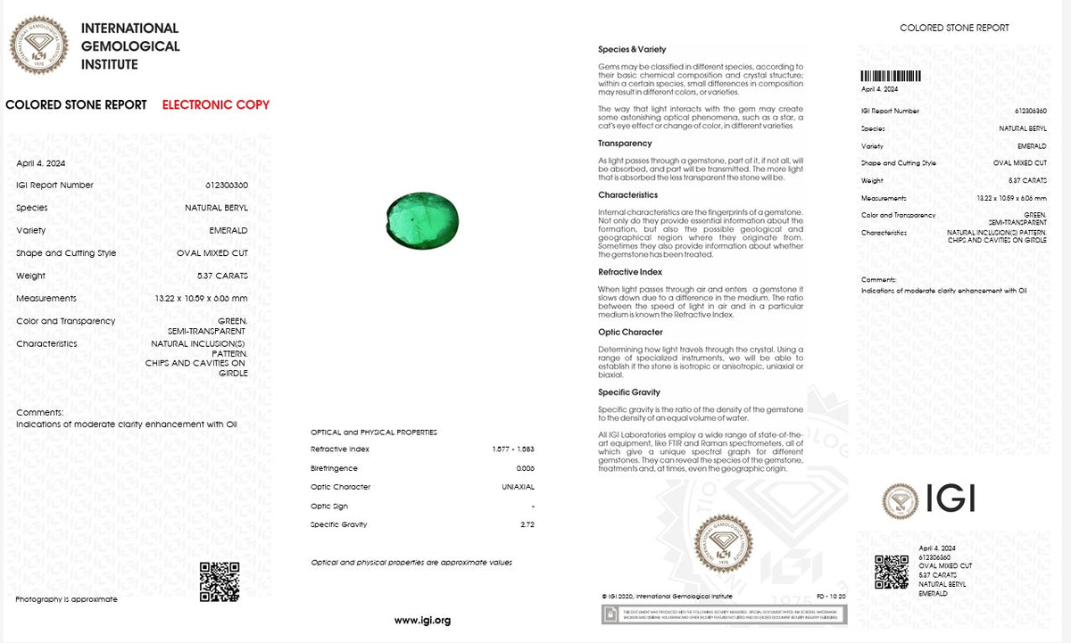 IGI Certified Natural Emerald | 5.37 Carats Oval Mixed Cut | Luxury Collector Gemstone-Saleh Sallom