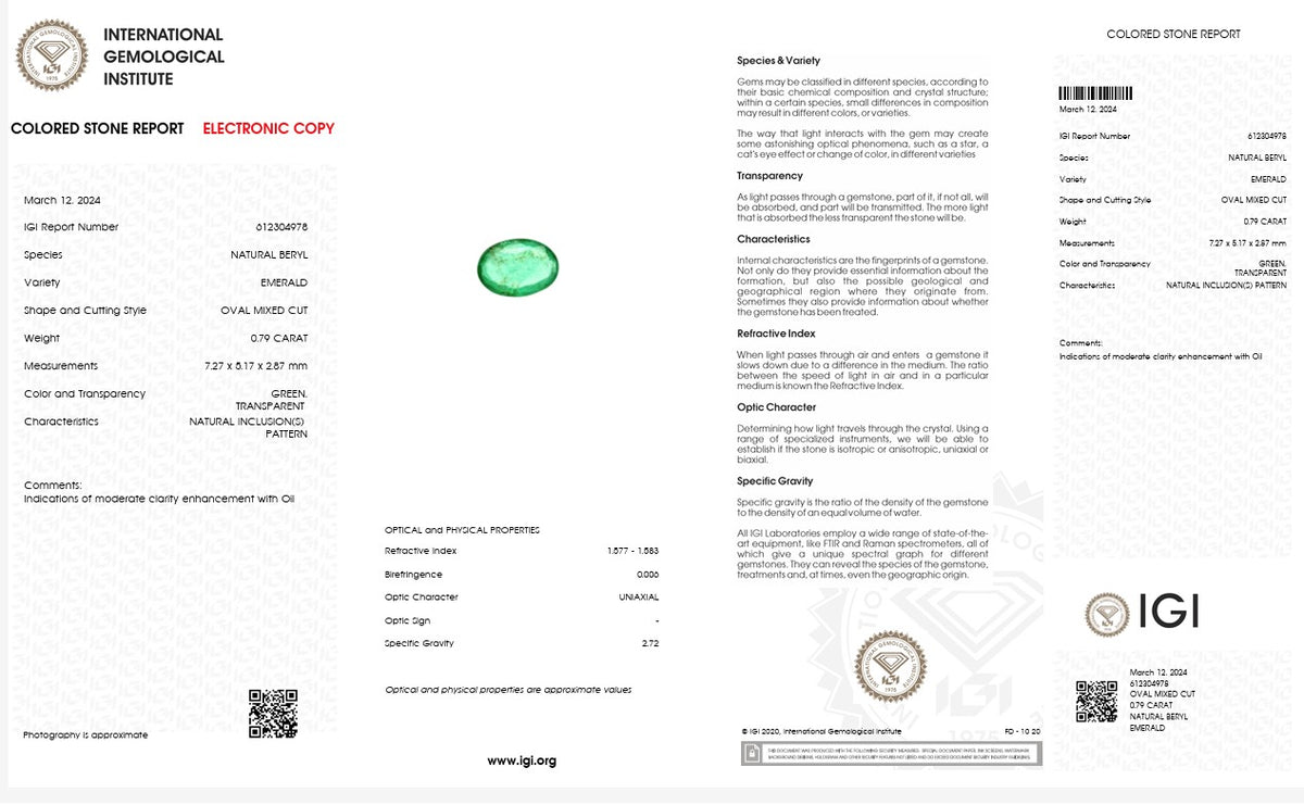 IGI Certified Natural Emerald | 0.79 Carat Oval Mixed Cut | Luxury Gemstone-Saleh Sallom