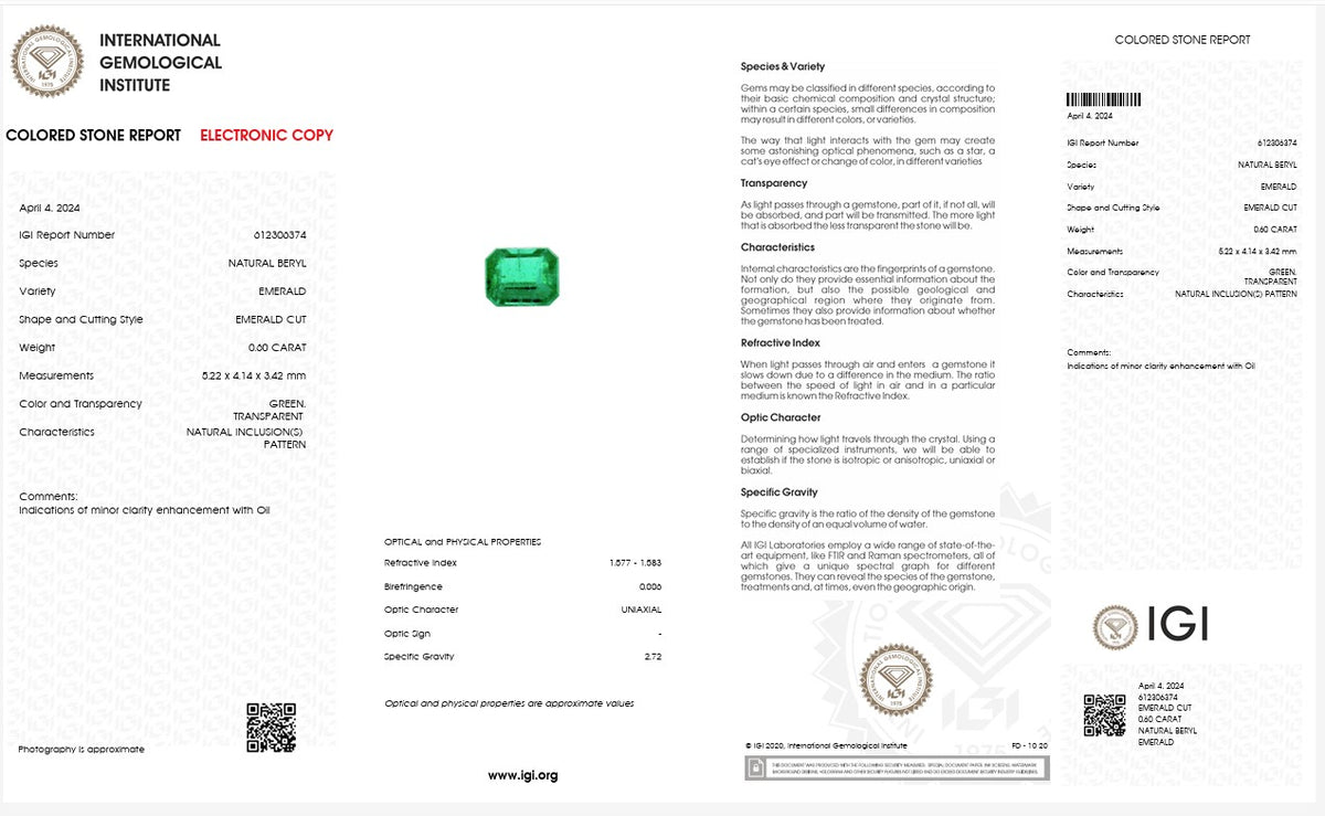 IGI Certified Natural Emerald | 0.60 Carat Emerald Cut | Fine Green Gemstone-Saleh Sallom